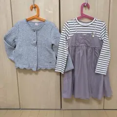 プティマイン　グレー カーディガンとパープル ワンピース セット　120