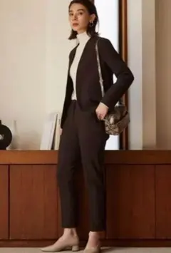 ブラッシュドバックカラーレスジャケット＆パンツ　ダークブラウン