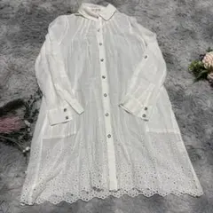 レベッカテイラー ロングシャツ ブラウス 白 裾刺繍 ビジューボタン 綿100