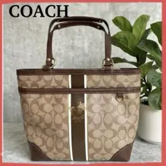 極美品 コーチ トートバッグ レザー キャンバス ストライプ ブラウン系