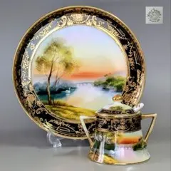 オールドノリタケ シュガーポット プレート 皿 コバルト 金彩盛上風景白鳥 オールドノリタケ シュガーポット プレート 皿 コバルト 金彩盛上風景