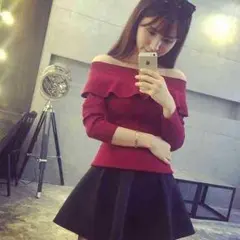 オフショルダー　かわいい　肩だし　ニット　トップス　ボルドー