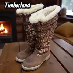 希少 Timberland ロングブーツ 花柄 刺繍 レースアップ 茶 24