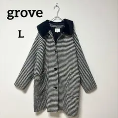 grove チェック柄ファー襟コート L ブラック