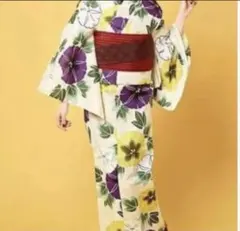 朝顔柄 浴衣単品 生成り地 紫 黄色　八重 × 中村里砂コラボ浴衣