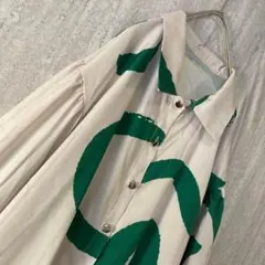 ヴィンテージ ブラウス ロングシャツ 波模様 総柄 昭和レトロ 個性派 白 緑