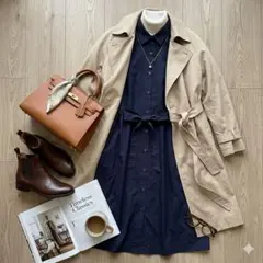 【送料込】UNIQLO　コットンAラインシャツワンピース　ネイビー　M　長袖