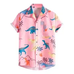 恐竜総柄シャツ ピンク 半袖 ユニセックス レトロ ポップ
