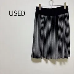 c0114【USED】プリーツスカート ストライプ Ｌ ひざ丈 ウエストゴム