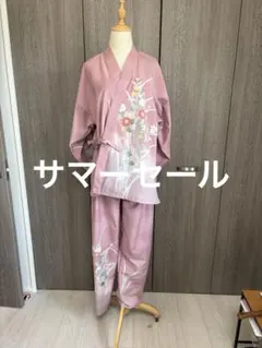着物リメイク　訪問着　結城紬草花文　証紙付きから作務衣　股下79cmまで調整可能のサムネイル