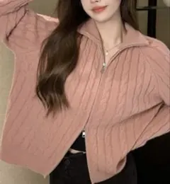 ピンクニット　ダブルジップ　カーディガン　トップス