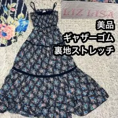 美品 ストレッチ【リズリサ】花柄 総柄 ストライプ ロングワンピース ミモレ丈