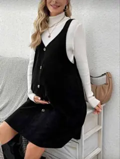 【コーデュロイ生地】マタニティワンピース ブラック M