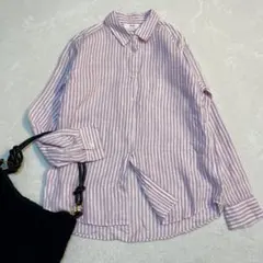 ユニクロ/プレミアムリネンシャツ/長袖/ストライプ/麻100%/洗える/Lサイズ