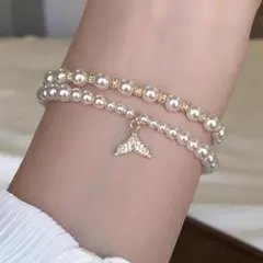 【送料無料】人魚のしっぽ パール 2連 ブレスレット ゴールド ジルコニア 美品