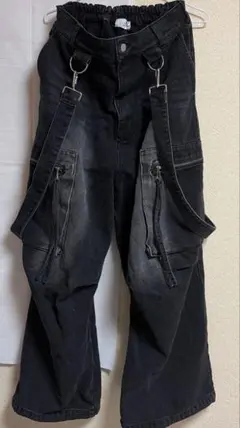 LILLルーズシルエットハイウエストサスペンダーZIPポケットデニムカーゴパンツ