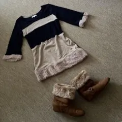 grove ニットワンピース M ネイビー×ベージュ