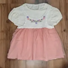 女の子　ピンク　花柄刺繍入りフリルチュニック　キッズ