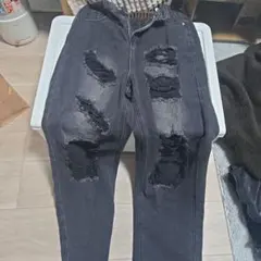 A*t様 ダメージ加工 ダークグレー ハイウエストデニム