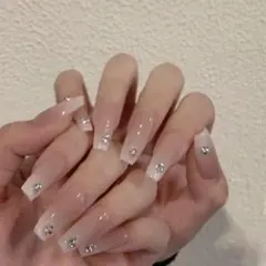 【24枚】ネイルチップ 韓国 ワンホン ロングネイルチップ ストーン付き