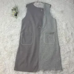 【Jena】異素材ドッキング ノーカラーロングジレ ベスト グレー F ウール混