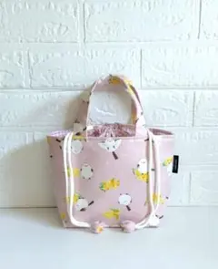 ハンドメイドミニ巾着トートバッグ　シマエナガミモザピンク