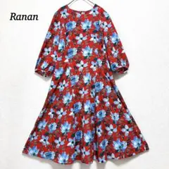 ラナン　ワンピース【M】花柄　フレア　ボリューム袖　七分袖　レッド系　春夏秋