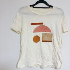 幾何学模様 半袖Tシャツ クリーム色　ユニセックス　海外古着