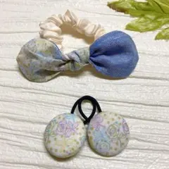 お買い得♡お揃い　シュシュ付リバティうさみみリボンくるみボタン 贅沢3個セット