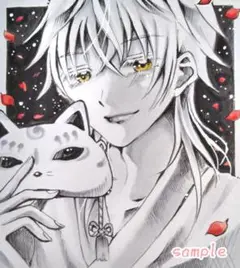 手描きイラスト　小色紙　狐のお面