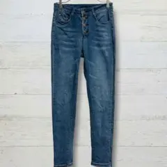 デニムパンツ ジーンズ スキニー ハイウエスト フロントボタン ブルー S