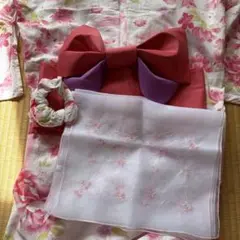 浴衣セット 作り帯 飾り用レース シュシュ 白地 ピンクの花柄 可愛い ゆかた