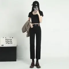 184 クロップドパンツ　ハイウエストパンツ　スキニーデニム　ブラック　M