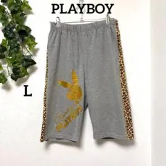 美品【PLAYBOY 】ヒョウ柄ライン ハーフパンツ L y2k ゆるジャージ