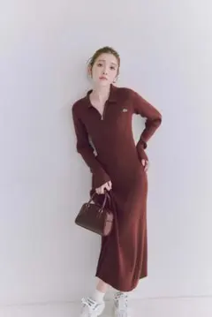 Snidel x LACOSTE スキッパーリブニットワンピース バーガンディ