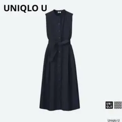 Uniqlo U シアサッカーロングワンピース　ノースリーブ　ネイビー S