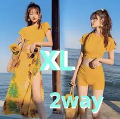レディース　半袖ラッシュガード　XL 2way  スイミング　イエロー　パレオ付