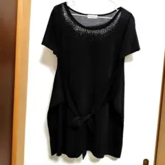 未使用GANIEL　ビジュー付きチュニック 黒半袖リボン付き　LLサイズブラック