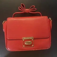 リボン付きレザーショルダーバッグ レッド