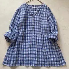 美品　プランテーション　ギンガムチェックシュリンクシャツ　日本製　紺　綿100% 美品 プランテーション ギンガムチェックシュリンクシャツ 日本製 紺