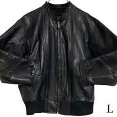 【vintage】本革 リアルレザーシングルライダースジャケット リブ切替 黒L