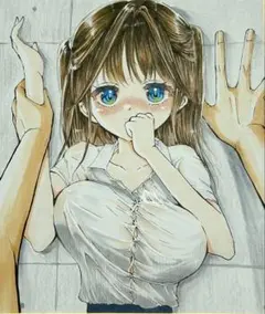 無*苦様 オリジナル手描きイラスト 壁ドンに戸惑う女の子 色紙イラスト