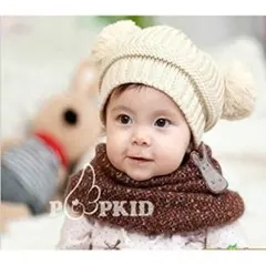 ダブルボンボン♪　ニット帽　ベビーニット帽 (ベージュ)