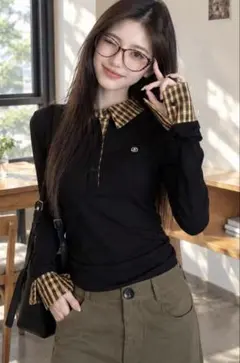 SHEIN レディース チェック柄 ポロカラー ニット