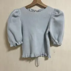ZARA ザラ　バックリボンニットトップス パフ袖 半袖ニット ライトブルー