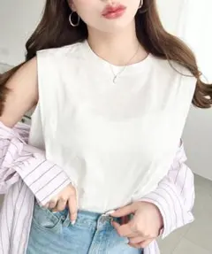 綿100％天竺.無地＆ボーダーショルダータックノースリーブTシャツ