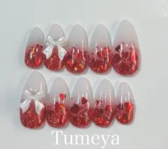 ネイルチップ　赤　レッド　ハート　ガーリー　グラデーション　ホワイト　リボン