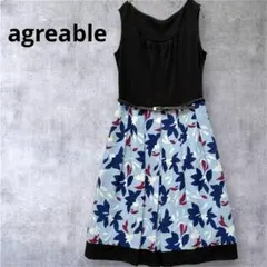 【アグレアーブル】良品！ノースリーブワンピ　上品　花柄　黒×水色　11AR