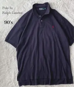 【90s】ポロラルフローレン ポロシャツ ネイビー XL 刺繍ロゴ 古着