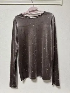 グレー ビジュー装飾 長袖トップス FREEサイズ